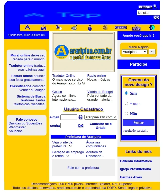 Home do araripina.com.br em 18 de outubro de 2000