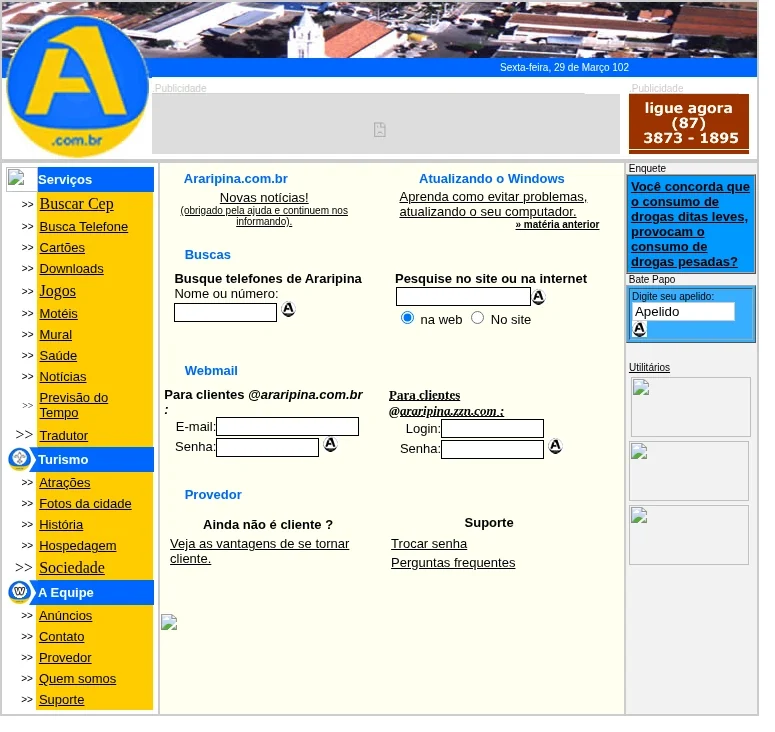 Home de março de 2002, com “Buscar Cep” no topo do menu de serviços